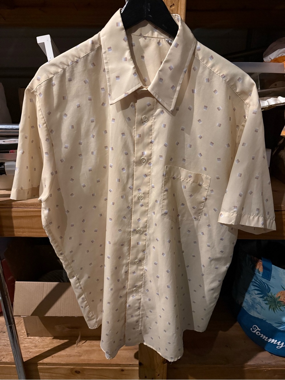 Men's Short-Sleeve Printed Cream Button-Up Shirt
